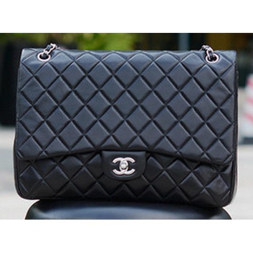 Torebka Chanel Maxi Quilted Classic Flap Bag z czarnej owczej skóry A58601 Silver