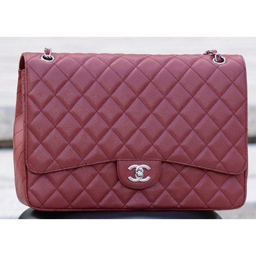 Torebka Chanel Maxi Quilted Classic Flap Bag w kolorze bordowym, wzór Cannage A58601, srebrna