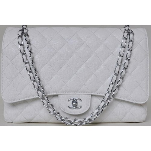 Torebka Chanel Maxi Quilted Classic Flap Bag White Cannage Patterns A58601 Silver