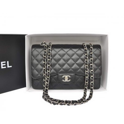 Modna torebka Chanel Original Caviar Leather Classic Flap Bag A28600 w kolorze czarno-srebrnym