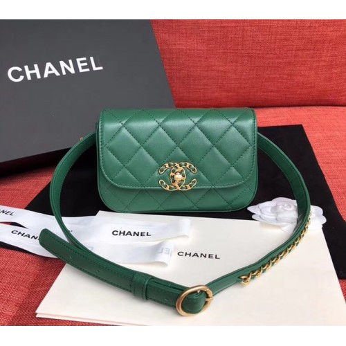 Torebka Chanel Original Sheepskin Leather Belt Bag Green 33866 Gold
