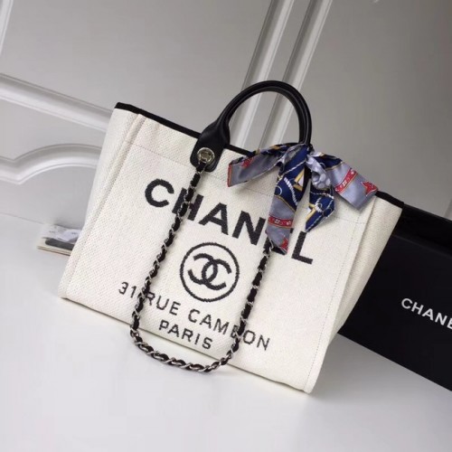 Torba na zakupy Chanel Original Tote Canvas, skóra cielęca, metal w odcieniu srebra, 92298, biała
