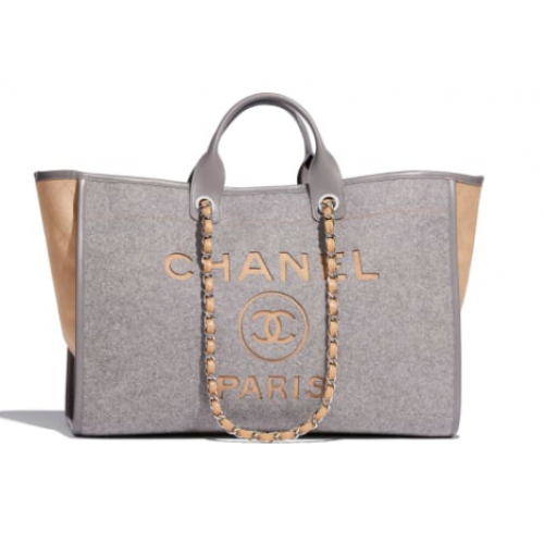 Torba na zakupy Chanel Original Tote z wełny cielęcej, metal w odcieniu srebra, A93786, szara i beżowa