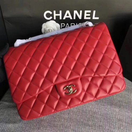 Torebka Chanel Maxi Quilted Classic Flap Bag z czerwonej owczej skóry A58601 Gold