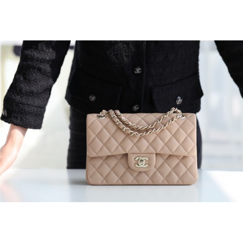 Torebka Chanel Small Classic Handbag z licowej skóry cielęcej w kolorze srebrnym, metalowa, A01113, morelowa