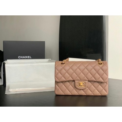 Torebka Chanel Small Classic z owczej skóry, metal w odcieniu złota, A01113, kolor taupe