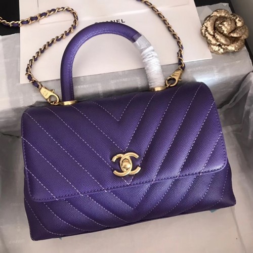 Torebka Chanel Small Flap Bag z uchwytem górnym V92990 ciemnofioletowo-złoty metal