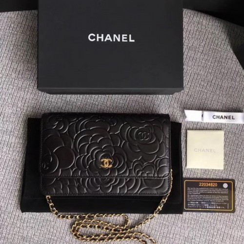 Torebka Chanel WOC Black Camellia Leather mini Flap Bag A33814 Gold