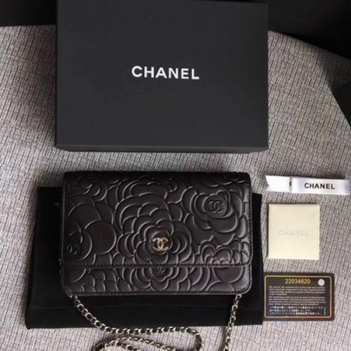 Torebka Chanel WOC Black Camellia Leather mini Flap Bag A33814 Silver