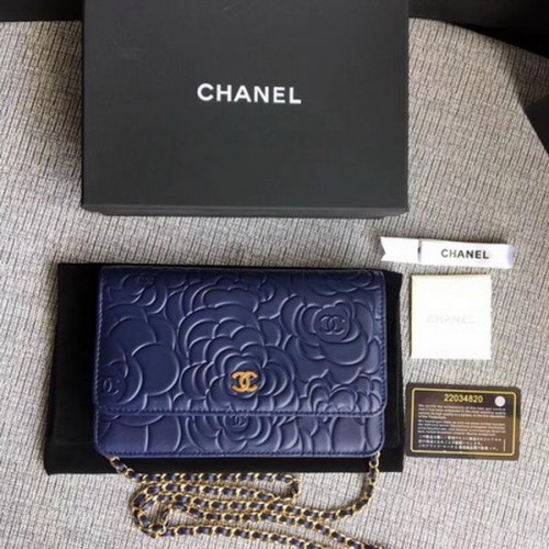 Torebka Chanel WOC Blue Camellia Leather mini Flap Bag A33814 Gold
