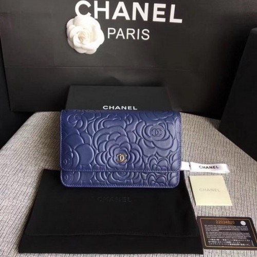 Torebka Chanel WOC Blue Camellia Leather mini Flap Bag A33814 Silver