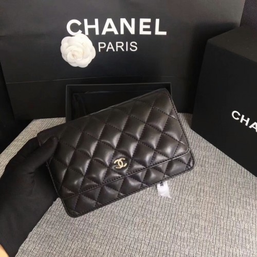 Torebka Chanel WOC Flap Bag, czarna, oryginalna skóra owcza, 33814, srebrna