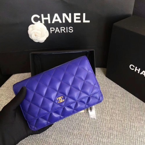 Torebka Chanel WOC Flap Bag, niebieska, oryginalna skóra owcza, 33814, złota