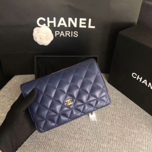 Torebka Chanel WOC Flap Bag, ciemnoniebieska, oryginalna skóra owcza, 33814, złota