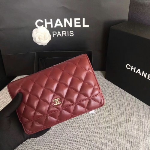 Torebka Chanel WOC Flap Bag, ciemnoczerwona, oryginalna skóra owcza, 33814, srebrna