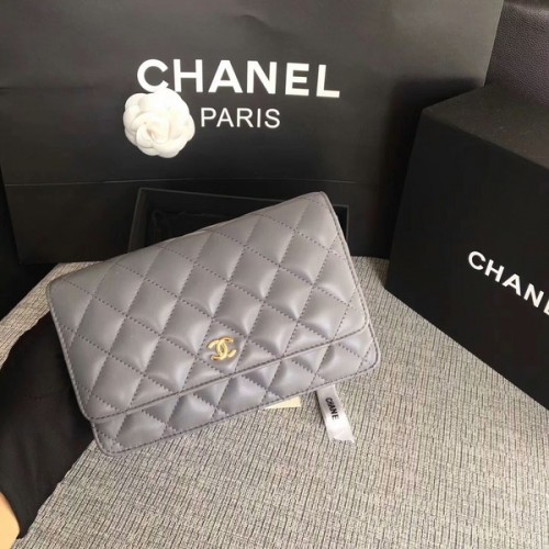 Torebka Chanel WOC Flap Bag, szara, oryginalna skóra owcza, 33814, złota