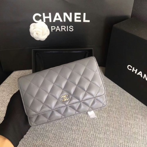 Torebka Chanel WOC Flap Bag, szara, oryginalna skóra owcza, 33814, srebrna