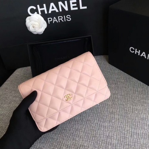 Torebka Chanel WOC Flap Bag, jasnoróżowa, oryginalna skóra owcza, 33814, złota
