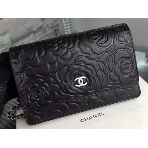 Torebka Chanel WOC Flap Bag Original Black Camellia Leather A5373 Silver