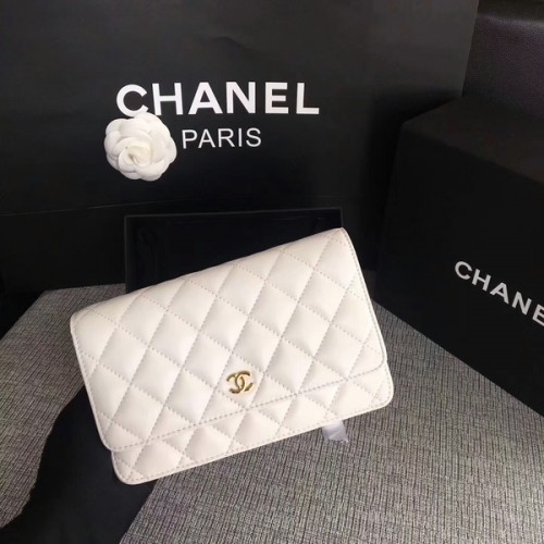 Torebka Chanel WOC Flap Bag, biała, oryginalna skóra owcza, 33814, złota