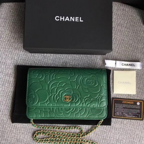 Torebka Chanel WOC Green Camellia Leather mini Flap Bag A33814 Gold