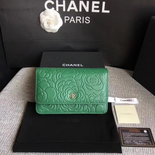 Torebka Chanel WOC Green Camellia Leather mini Flap Bag A33814 Silver