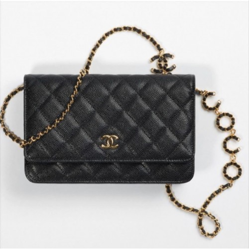Torebka Chanel WOC Original Caviar Leather Flap na ramię CC33814 czarnaZłoty łańcuszek