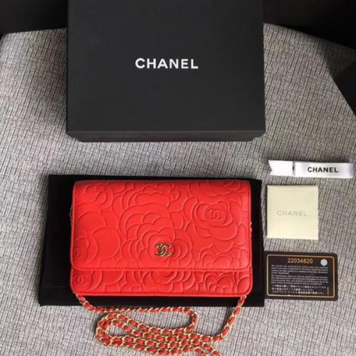 Torebka Chanel WOC Red Camellia Leather mini Flap Bag A33814 Gold