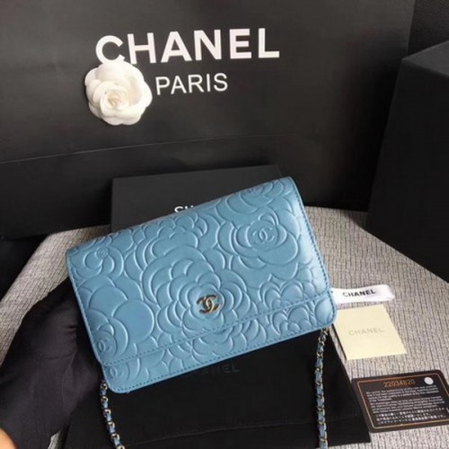 Torebka Chanel WOC Skyblue Camellia Leather mini Flap Bag A33814 Silver
