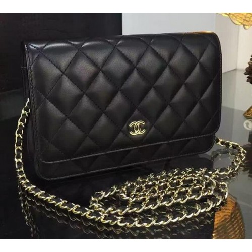 Torebka Chanel WOC mini Flap Bag z czarnej skóry owczej A5373 Gold