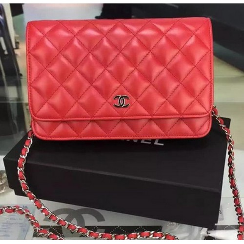 Torebka Chanel WOC mini Flap Bag Red Sheepskin A5373 Silver