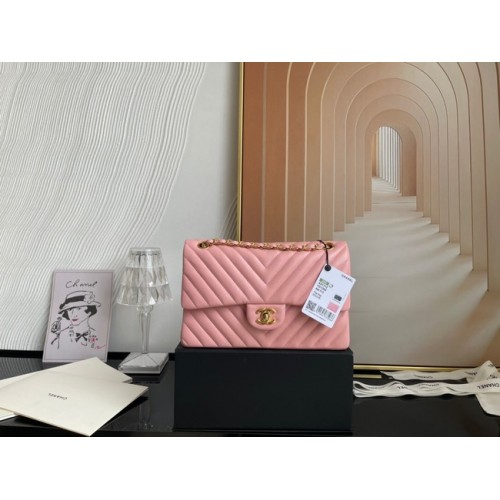 Klasyczna torebka Chanel Lambskin Gold Metal V01112 różowa