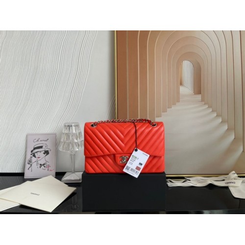 Klasyczna torebka Chanel Lambskin Silver Metal V01112 pomarańczowa