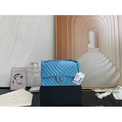Klasyczna torebka Chanel Lambskin Silver Metal V01112 Sky Blue
