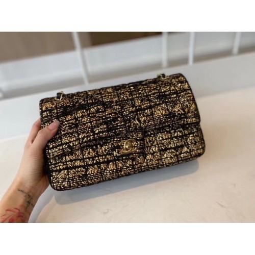 Klasyczna torebka Chanel Tweed w kolorze złotym, metalowa A01112-2