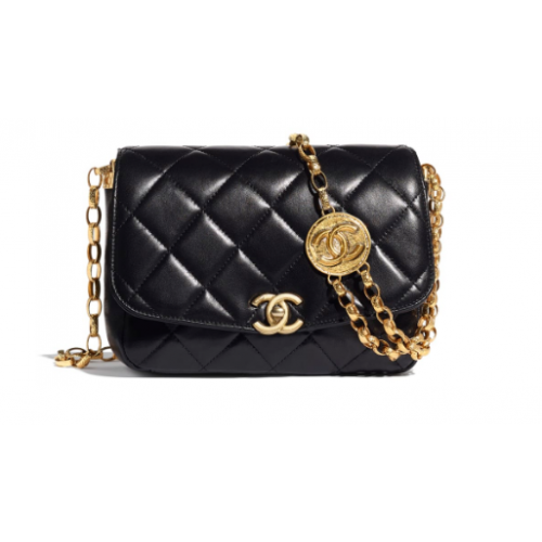 Torebka Chanel z klapką Lambskin Gold-Tone Metal AS2222 czarna