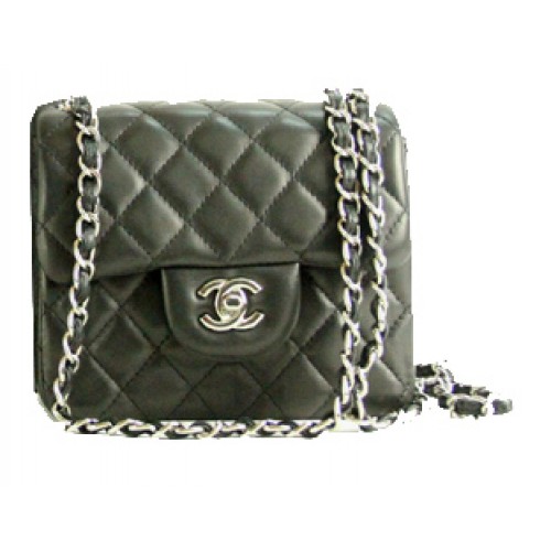 Torebka Chanel mini Classic Flap Bag z czarnej skóry, łańcuszek ze srebra 1115