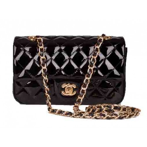 Torebka Chanel mini Classic Flap Bag z czarnej lakierowanej skóry 1117 Gold