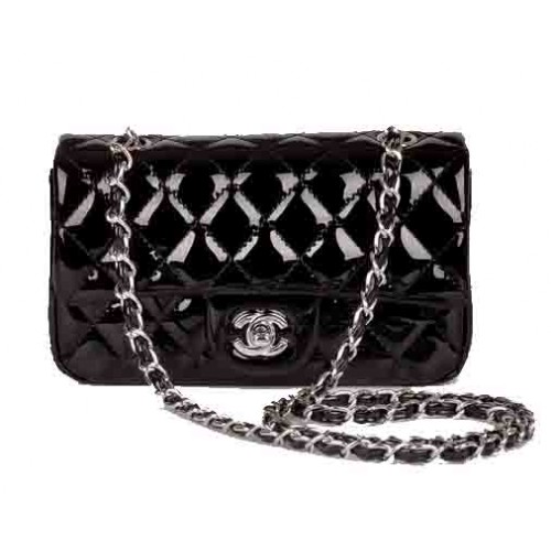Torebka Chanel mini Classic Flap Bag z czarnej lakierowanej skóry 1117 Silver