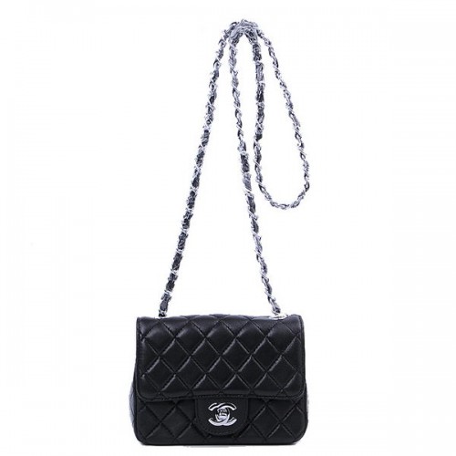 Torebka Chanel mini Classic Flap Bag z czarnej skóry owczej 1115 Silver