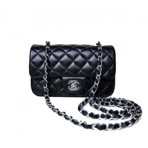 Torebka Chanel mini Classic Flap Bag z czarnej skóry owczej 1117 Silver