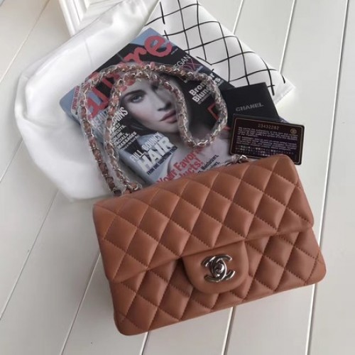 Torebka Chanel mini Classic Flap Bag w kolorze brązowym, oryginalna skóra owcza A1116, srebrna