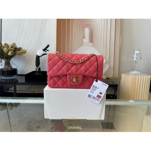 Torebka Chanel mini Classic Flap Bag z oryginalnej skóry owczej A1116 w kolorze arbuzowo-złotym z metalem