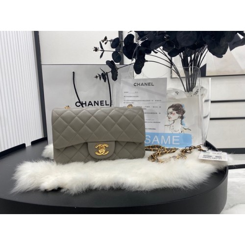 Torebka Chanel mini Classic Flap Bag z oryginalnej skóry owczej A1116 w kolorze szarym i złotym z metalem