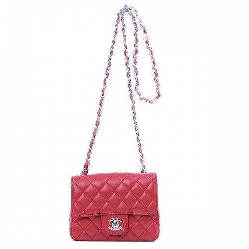 Torebka Chanel mini Classic Flap Bag z czerwonej skóry owczej 1115 Silver