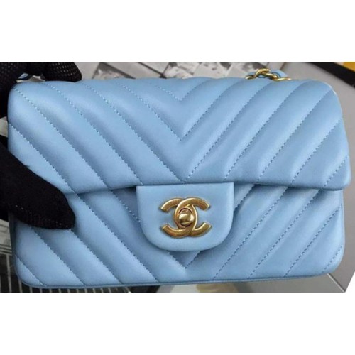 Torebka Chanel mini Classic Flap Bag SkyBlue Original Sheepskin Chevron Leather CHA5500 Gold