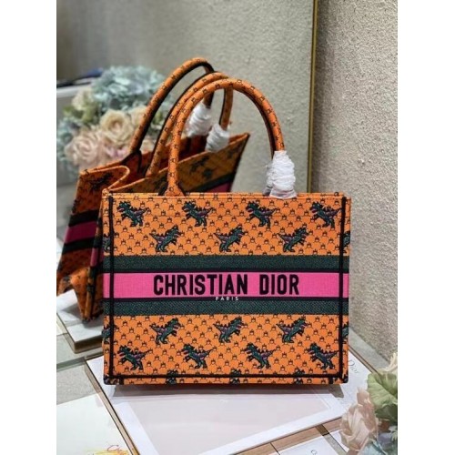 DIOR BOOK TOTE Pomarańczowy wielokolorowy smok ogień haft M1296ZJ