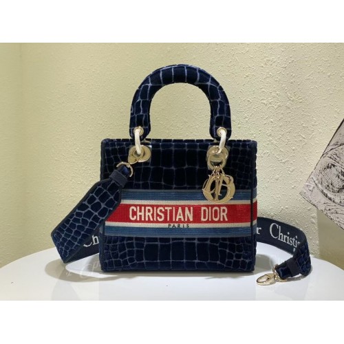 DIOR BOOK TOTE Aksamitna torba z krokodylem M2030 Ciemnoniebieska