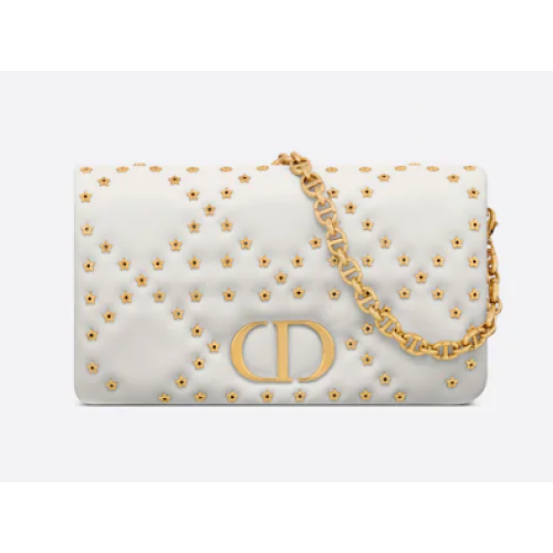 DIOR CARO MACROCANNAGE POUCH Macrocannage Calfskin with Star Motif S5135UNH white&gold