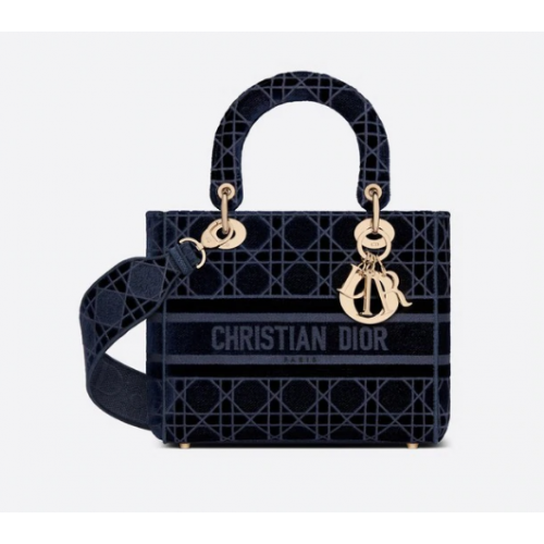 DIOR MEDIUM LADY D-LITE BAG Niebieski aksamit haftowany Cannage M0565